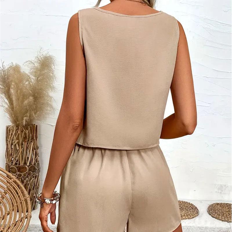 Dámský letní jednobarevný top bez rukávů s mašlí na ramínka a šortky