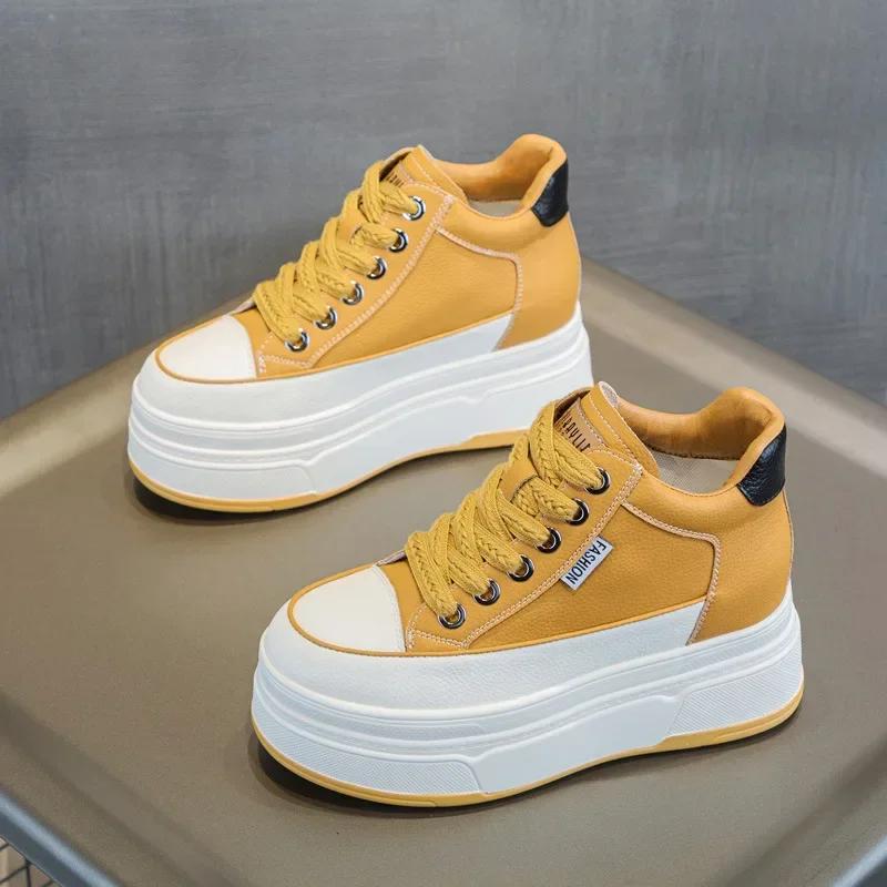 9cm Genuine Leather Platform Sneakers Wedge Shoes for Women Breathable Sneakers Autumn Casual Shoes Hidden Heel Zapatillas Mujer