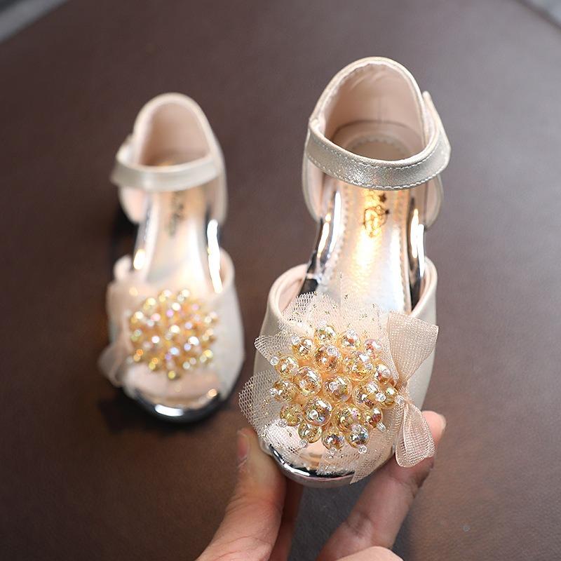 Lace Pearl Big Flower Princess Sandals, Crystal Soft Sole Peep Toe Shoes for Girls