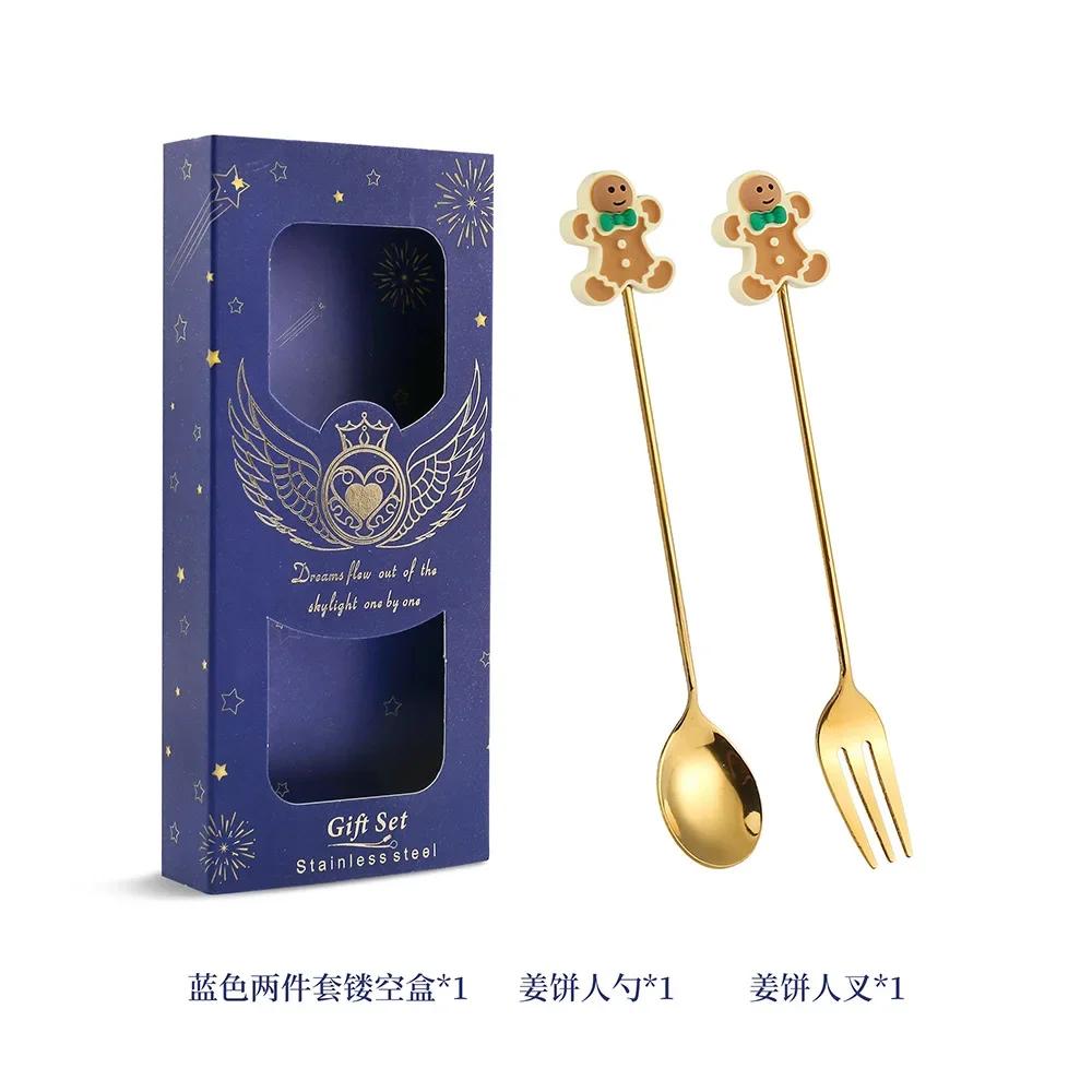 2025 Christmas Spoon and Fork Set Stainless Steel Creative Tableware Coffee Tea Dessert Spoon Spoons with Gift Box 6Pcs New