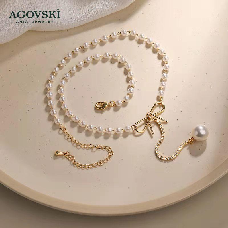 Japan and Korea bow pearl necklace women's pendant light luxury niche design sense new fairy collarbone chain