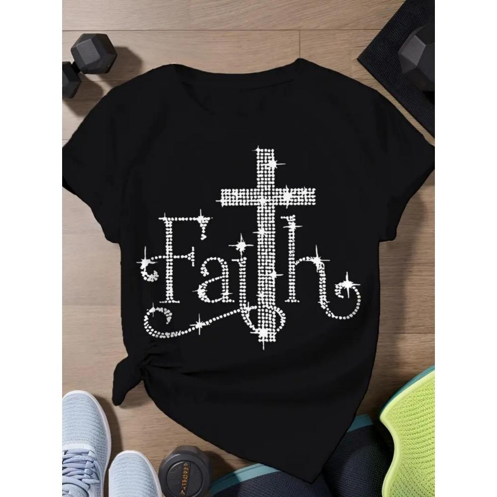 

Women Cotton Short Sleeves T-shirts Faith Cross Rhinestone Women s Tee Christian Religious Graphic Black Top S