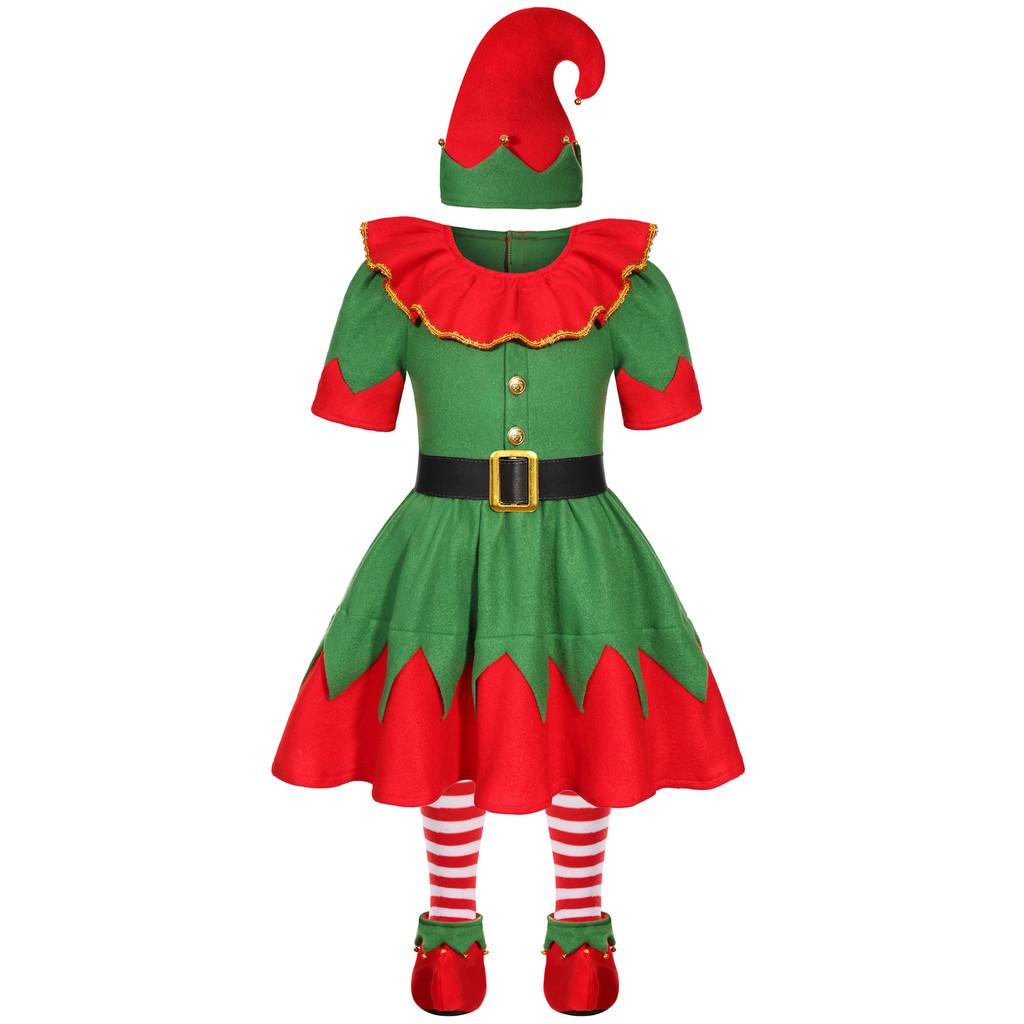 Kids Girls Santa Claus Xmas Green Elf Red Dress Hat Socks Sets Children Christmas New Year Cosplay Costumes Performance Role Play Outfit