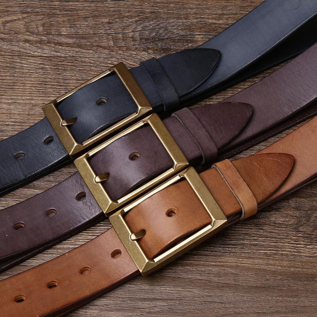 Retro Thickened First-Layer Cowhide Copper Buckle Belt Men'S Genuine Leather Pin Buckle Trendy Versatile High-End Tough Guy Rein Belt