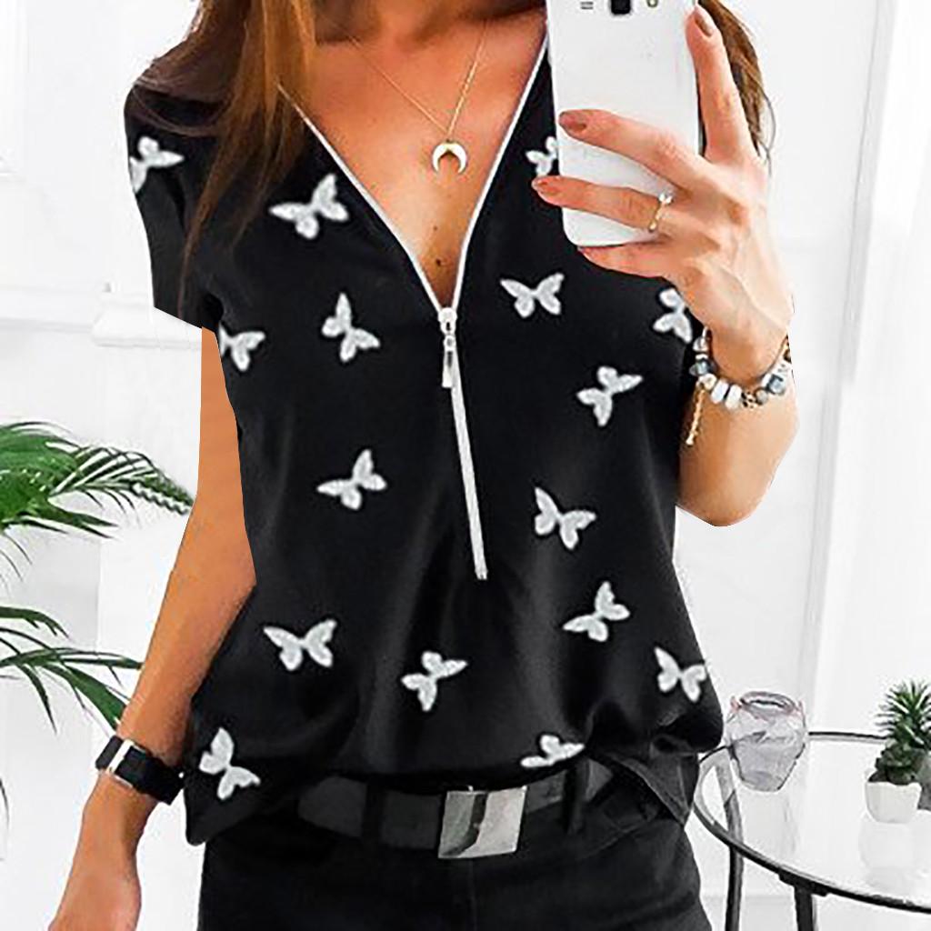 Women Ladies Plus Size Print Zipper Short Sleeve V-neck Pullover Tops Shirt