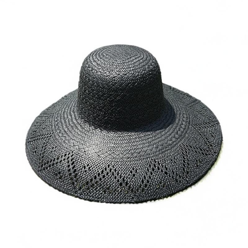 French Retro Hepburn Black Big Brim Hollow Woven Basin Hat Top Hat Women'S Summer Sunshade Sunscreen Vacation Beach Straw Hat