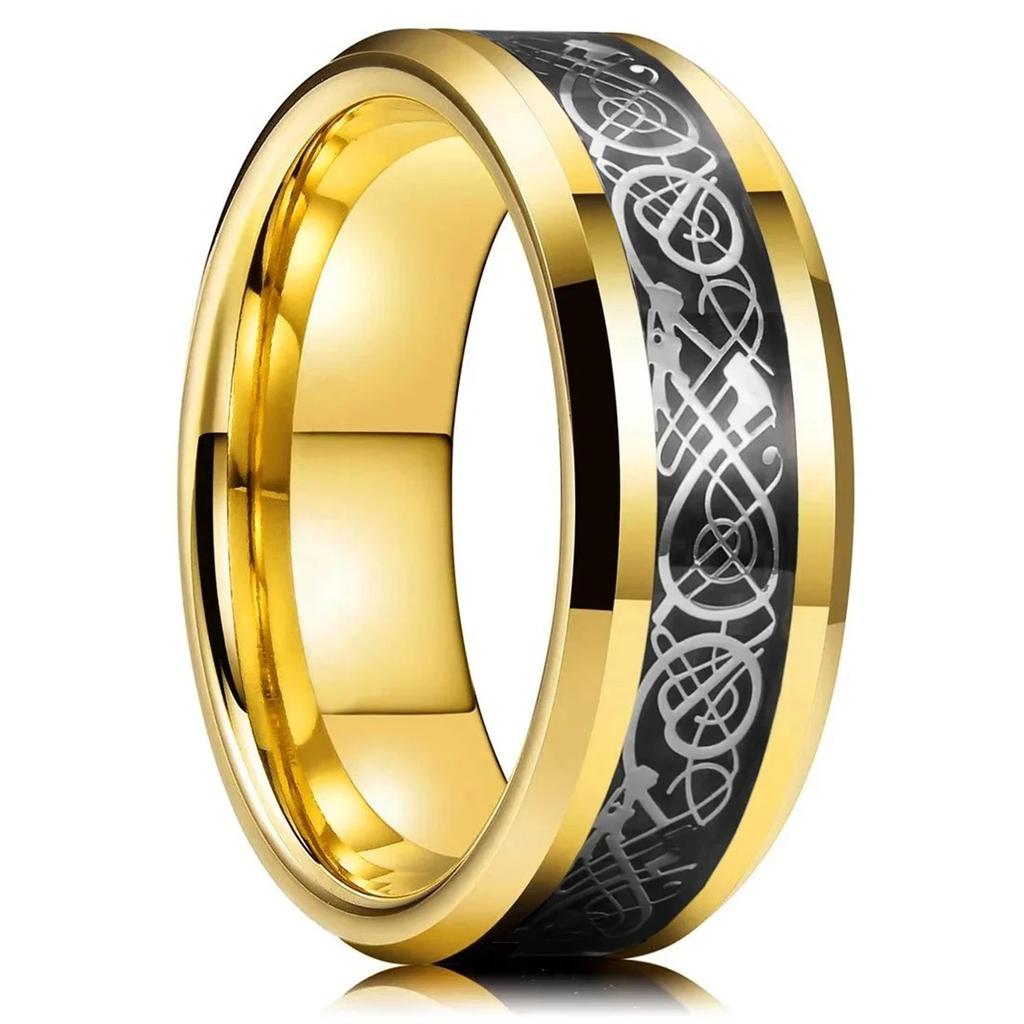 Celtic Black Carbon Fiber Rings,  Gold Color Men Stainless Steel Dragon Rings, Men Wedding Band Jewelry
