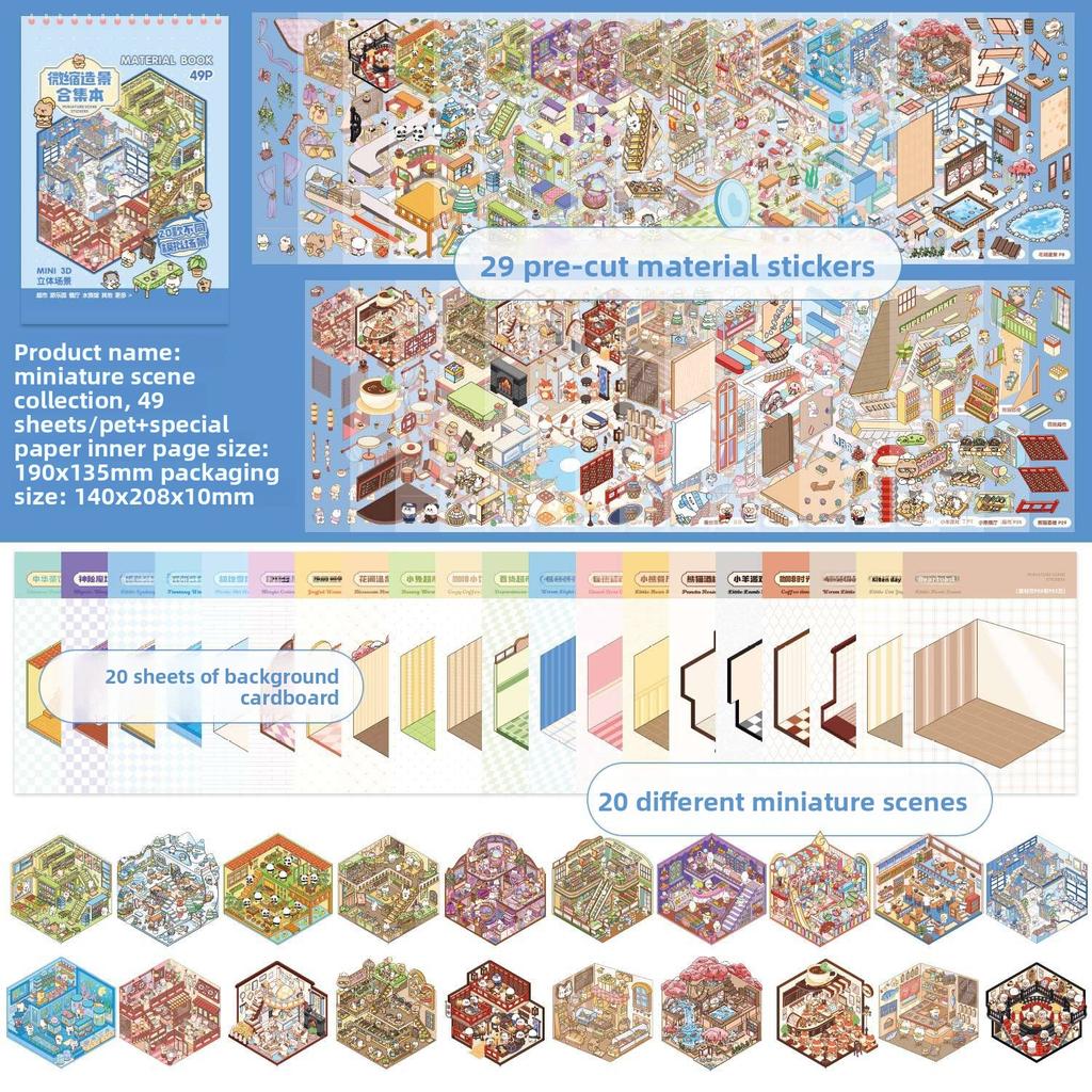 40 Peças 20 em 1 Livro de Coleção de Adesivos de Paisagem 3D para Scrapbooking DIY Junk Journal Cena de Desenho Animado Estética Suprimentos de Artesanato