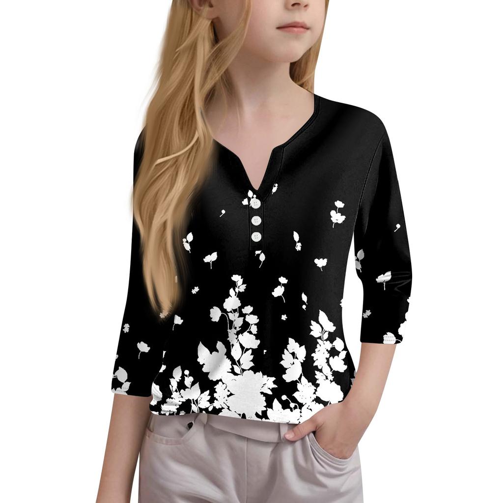 Mädchen Lässige Mode Oberteile Bedrucktes Sieben-Ärmel T-Shirt mit Knöpfen
