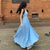 Super Fairy Design Sense Summer Waves Blue Pure Desire Vacation Backless Waist Thin Big Skirt Suspender Long Dress