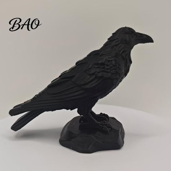 Lifelike Black Bird Ornament 3D Printed Crow Statue, Gothic Dark Academia Sculpture, Matte Raven Decoration Figurine, Stable Rock Base for Desk
