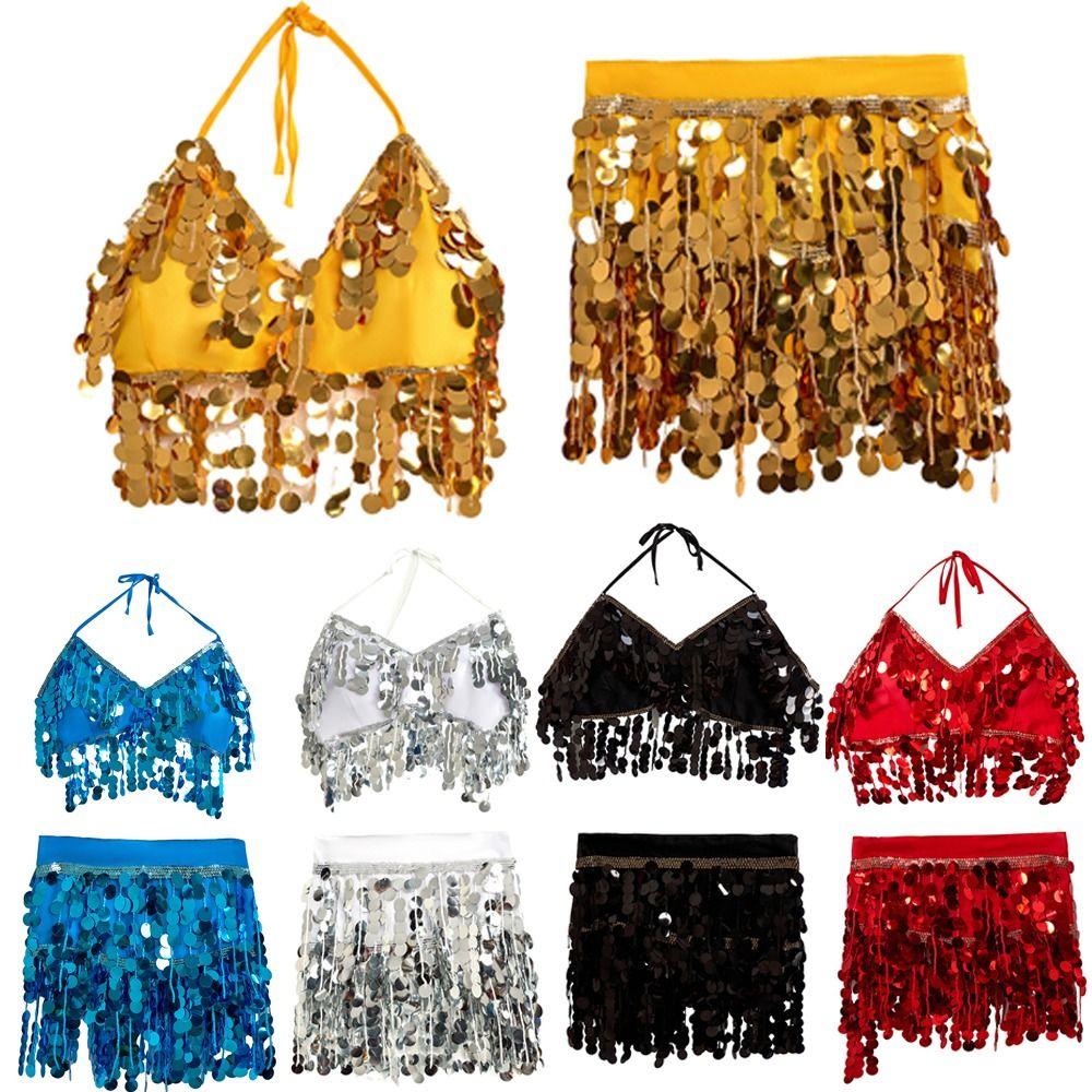Fashion Sequins Belly Dance Skirt High Waist Fringe Top Dance Bra Belt Sexy Tassels Show Costumes Street Wear