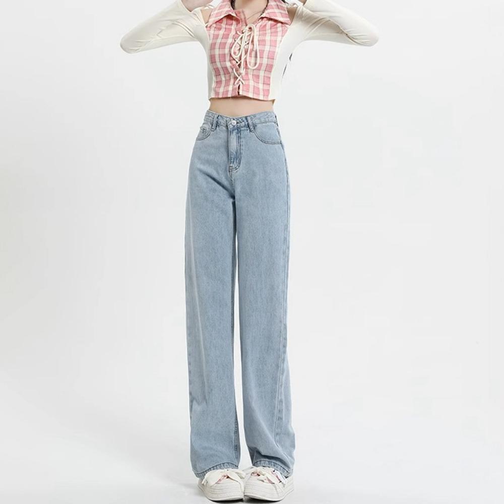 Personalizované džíny s vysokým pasem a širokými nohavicemi dámské nové volné a tenké všestranné korejské verze vertikálních rovných kalhot sahajících až na zem