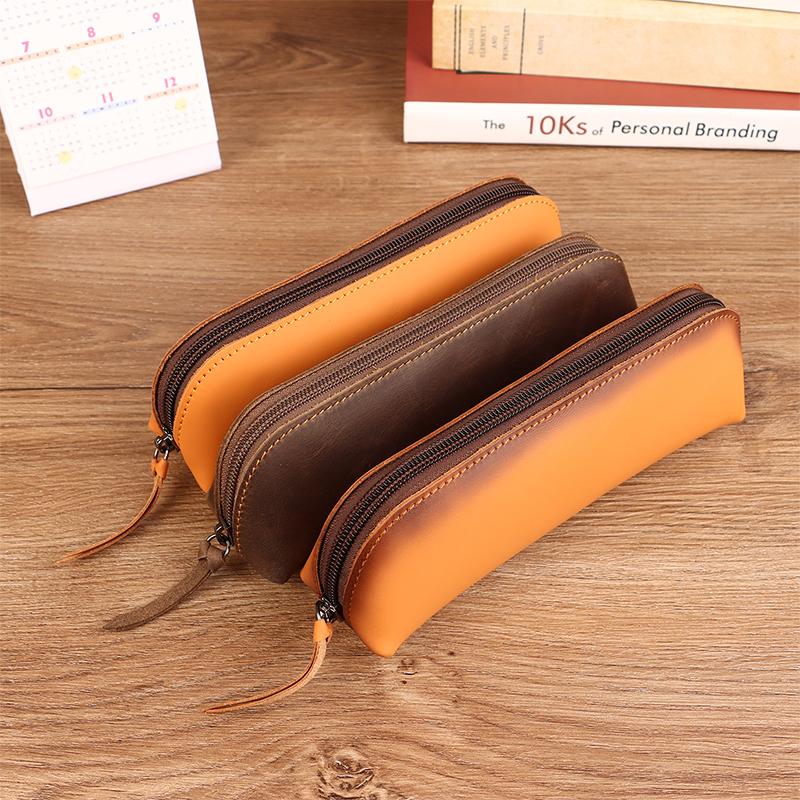 Bleistiftbeutel aus Vintage-Leder, einfaches Schreibwaren-Halter, Stiftetui, Aufbewahrungstasche, Reißverschluss, Bleistiftbeutel, Brillenbox, Schulbedarf