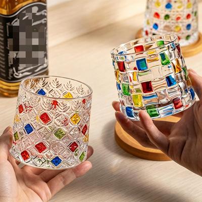 Colorful Hand-Painted Crystal Whiskey Glass, Vintage Embossed Tumbler for Bar & Home