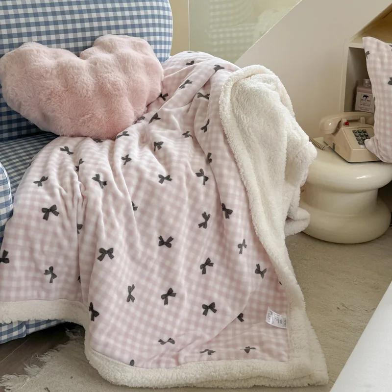 Cute Printed Milk Coral Fleece Cozy Blankets Warm Office Nap Sofa Air Conditioning Blanket Soft Shawl Quilt for Dormitory Home