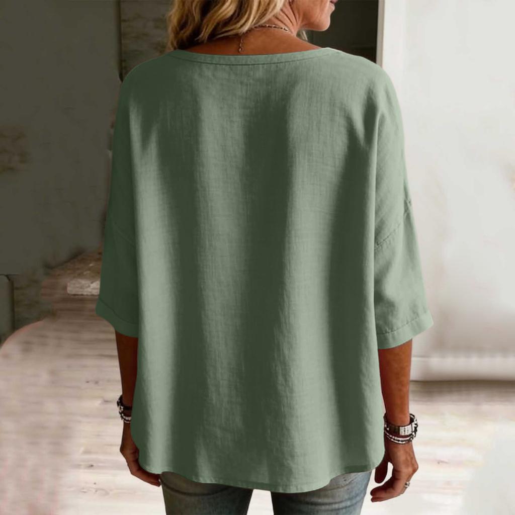 Damen Button-Down Leinenhemden 3/4 Ärmel V-Ausschnitt Lochstickerei Blusen Lässige Baumwolle Hohlstrick Boho Tops