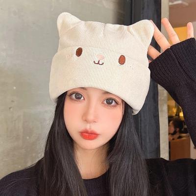 Womens Cozy Knitted Slouchy Hat with Adorable Cat Ears Embroidery Winter Warm Stretchy Beanie for Ladies Fashion