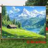 2D Plane, Large Mountain Lake Scenery Party Banner - Self-adhesive Background, Snow Peaks, Cabins and Grassland