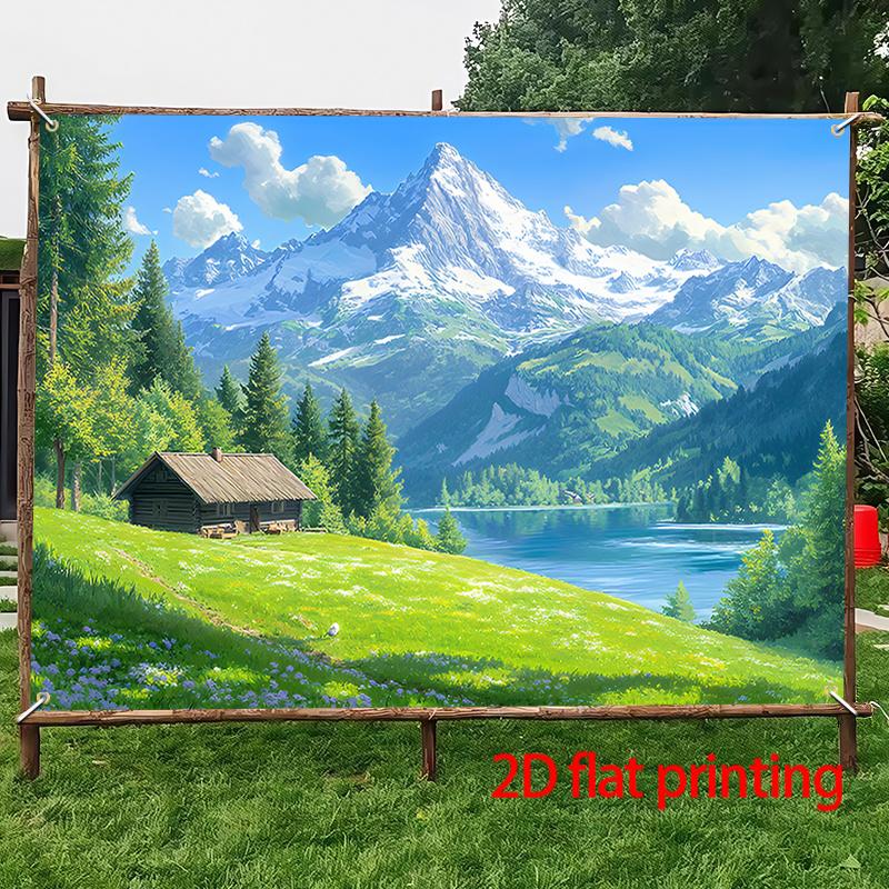 2D Plane, Large Mountain Lake Scenery Party Banner - Self-adhesive Background, Snow Peaks, Cabins and Grassland