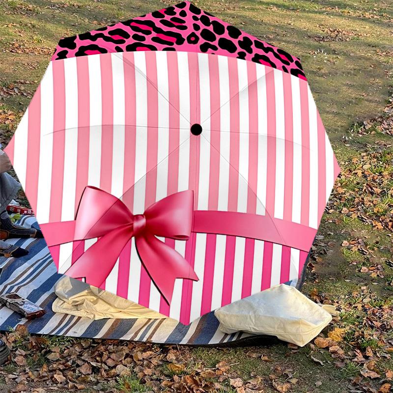 1PC Leopard Print, Pink Stripes Umbrella-8-Rib Reinforced, Automatic Open, Lightweight & Durable, Cute Fashion Accessory for Outdoor-T199