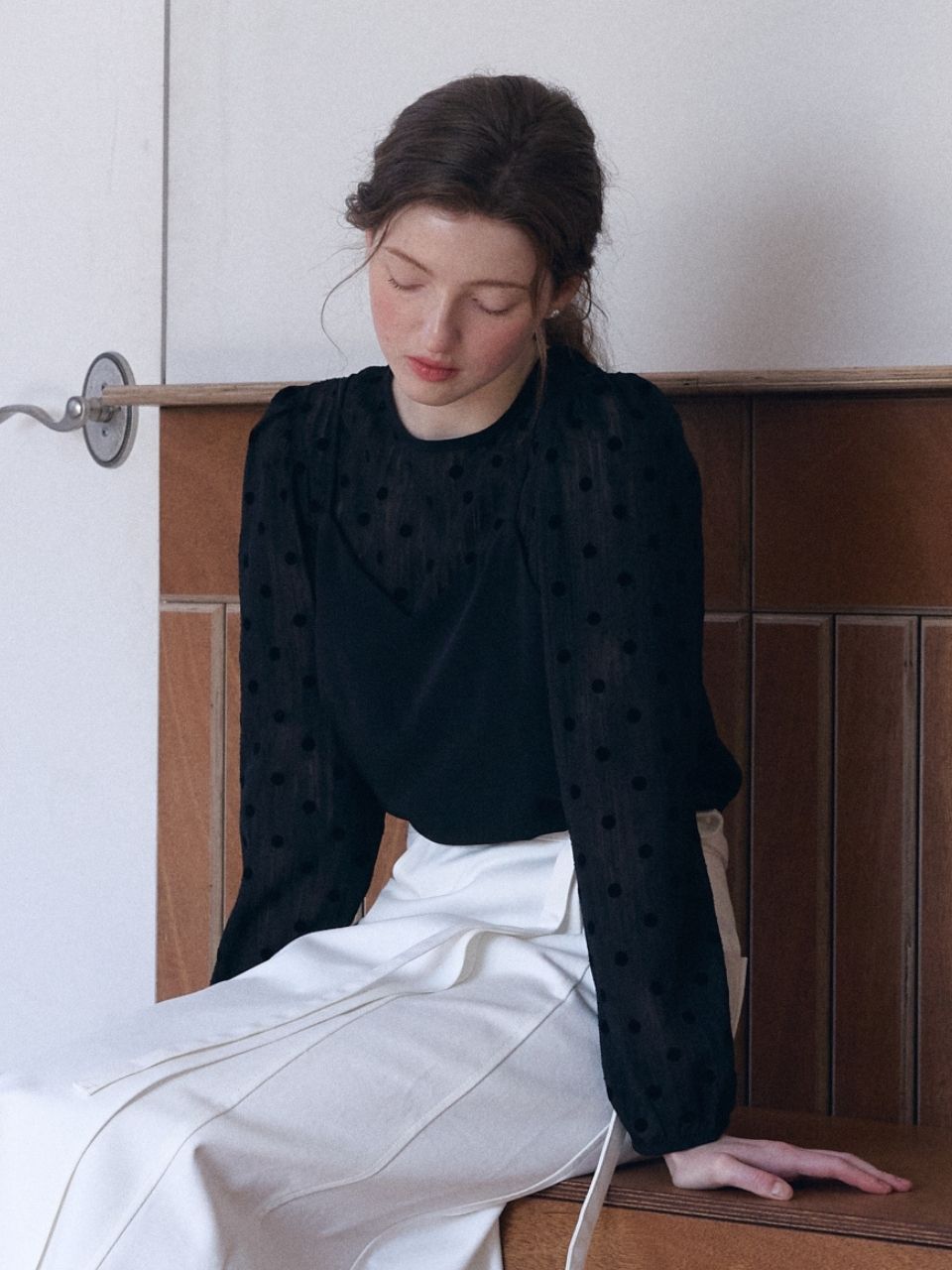 Fabric Seoul Dot Bustier Puff Blouse_Black White/Free