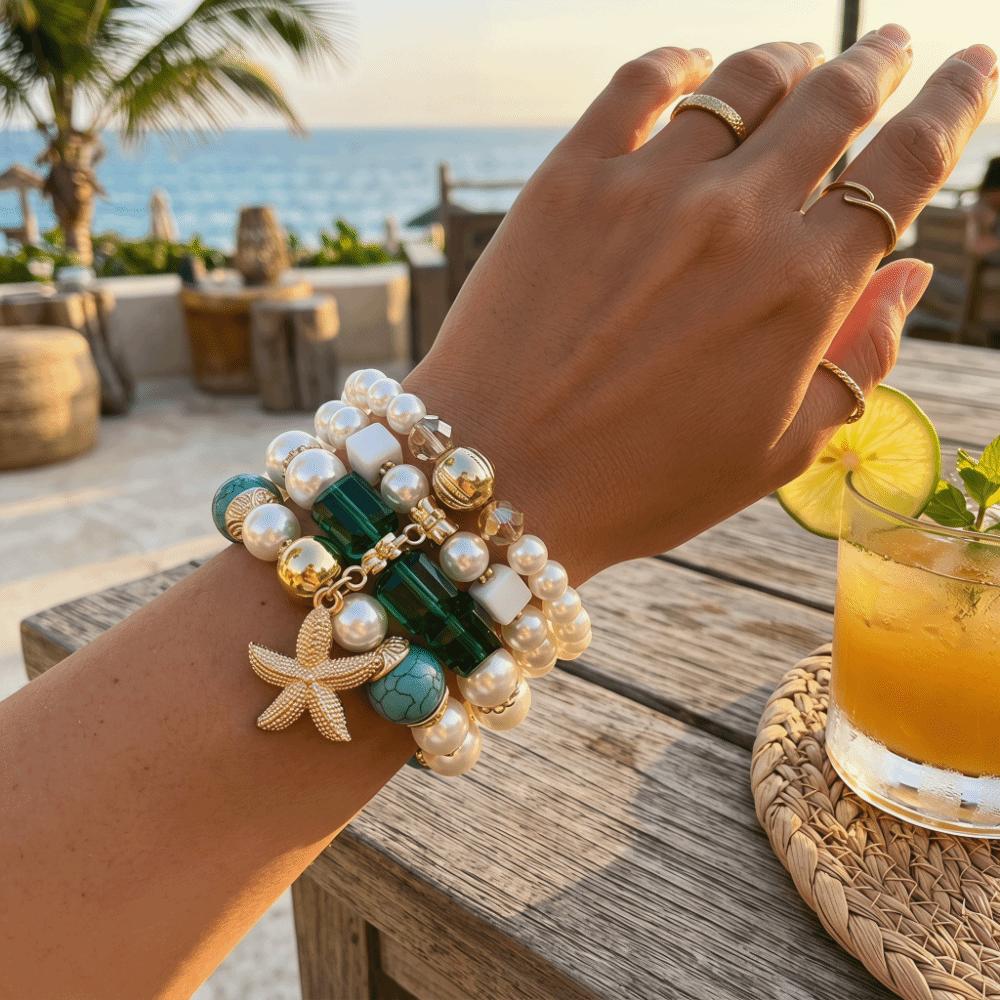 4pcs/set Ethnic Style Simulated Pearl Bracelets Adjustable Multilayer Hand Chain For Women