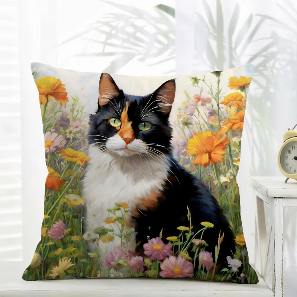 Cute Oil Painting Colorful Cat Cushion Cover Comfort Daily Washable Linen Soft for Sofa Bed Home Room Decor