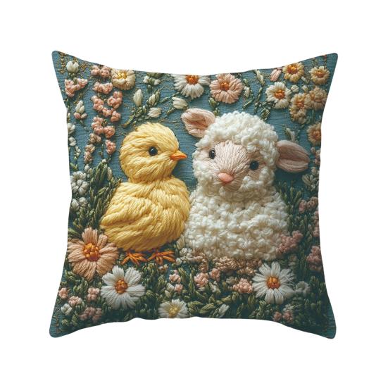 Easter Bunny Pillowcase Imitation Embroidery Lamb And Chick Print Pillowcase Farmhouse Throw Pillow Cover for Parties Living Room Couch Sofa Decor