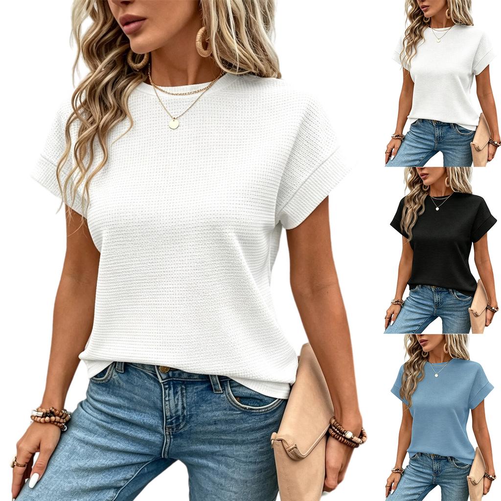 Women's Knit Neck Short Sleeve T-Shirt Color Casual Top