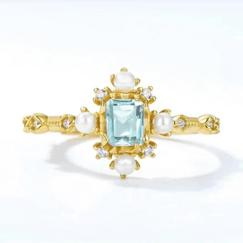 European and American Pearl Sea Blue Zircon Ring, Elegant and Exquisite Palace Style, Artistic and Niche Zircon for Women 6
