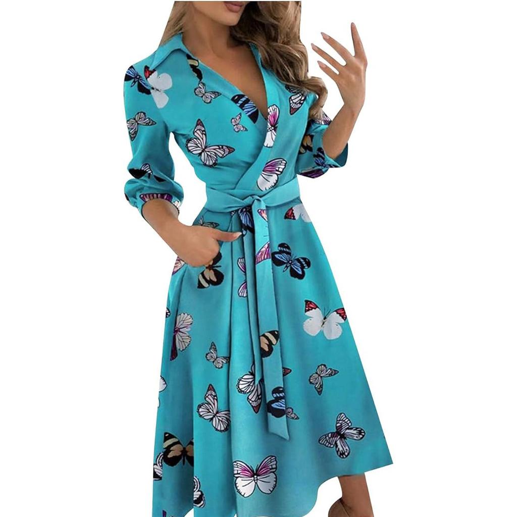 Damen Langarm Maxikleid V-Ausschnitt Knöchellang Langes Kleid Lässiges A-Linien-Kleid mit Gürtel