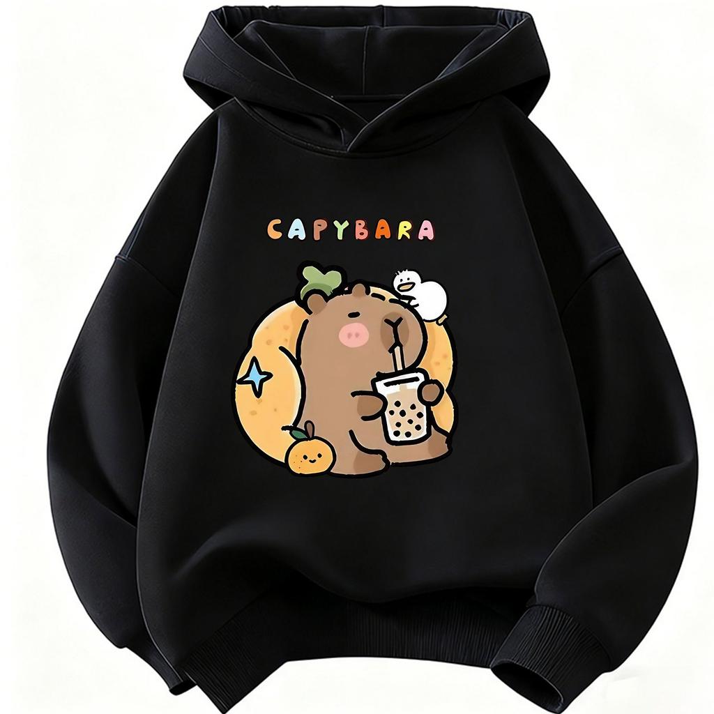 Felpa con cappuccio per bambini Capibara che beve succo Felpa carina Harajuku per ragazzi e ragazze Felpe casual primaverili