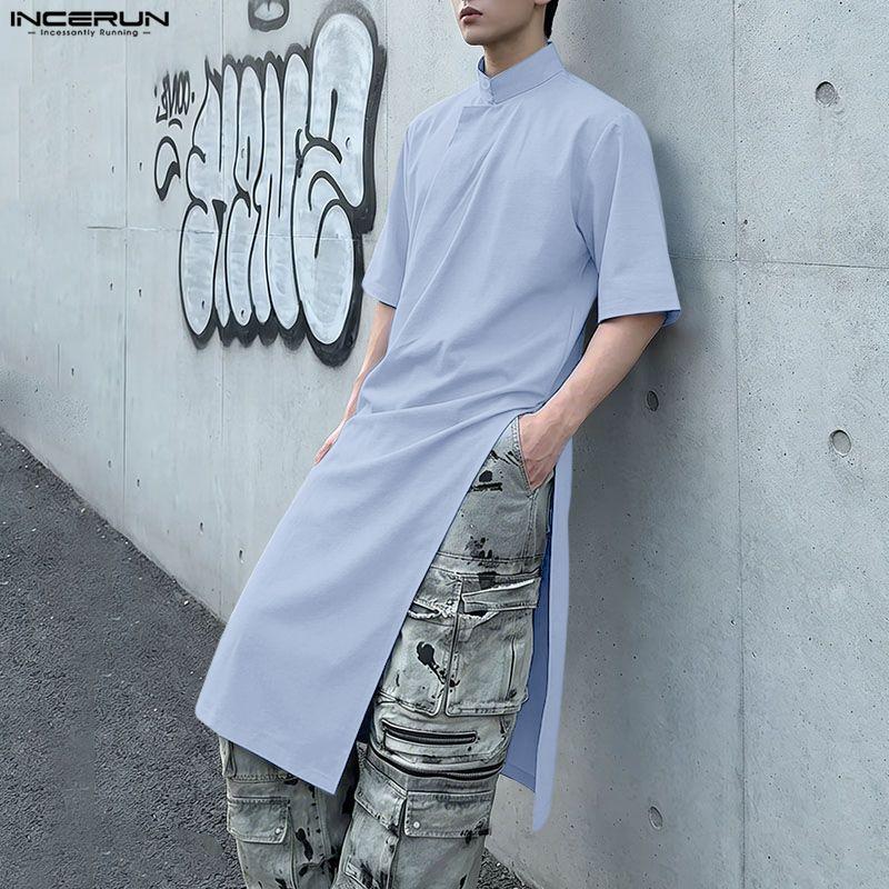 INCERUN Summer Men Stand Neck Short Sleeve  Splits Casual Long T-shirts Tee