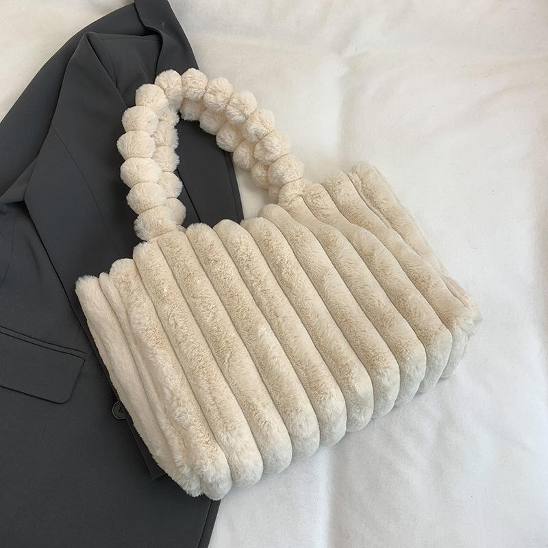New Fashionable Solid Color Simple Casual Plush Portable Shoulder Underarm Bag Beautiful Fluffy Portable Handbag