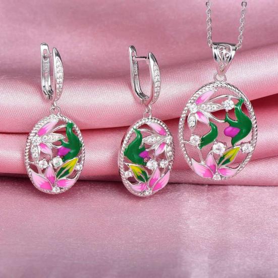 Lady Enamel Flower Rhinestone Oval Dangle Earrings Necklace Ring Jewelry Gift