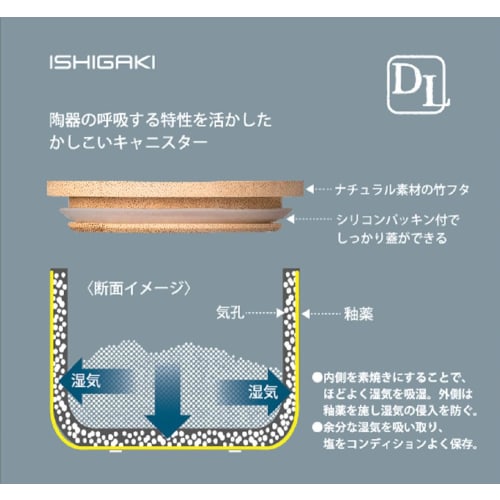 Ishigaki Salztiegel, Weiß, 300ml, mit Dichtung, Feuchtigkeitsabsorbierend, Hält Gewürze trocken, 9,5cm Durchmesser x 9cm Höhe, DL 4350