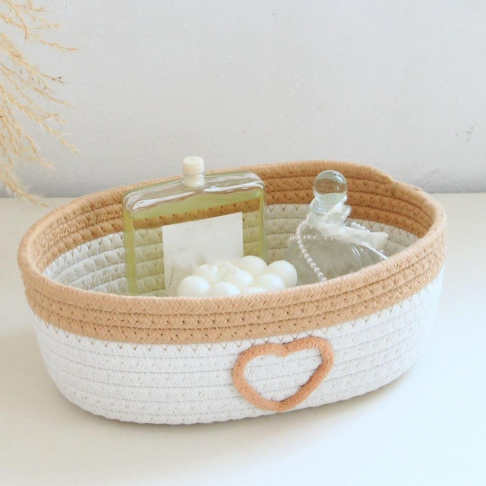 

Heart Pattern Weaving Storage Basket Cotton Rope Desktop Organizer Bedside Storage 9.25x5.91x3.15 in-Style A