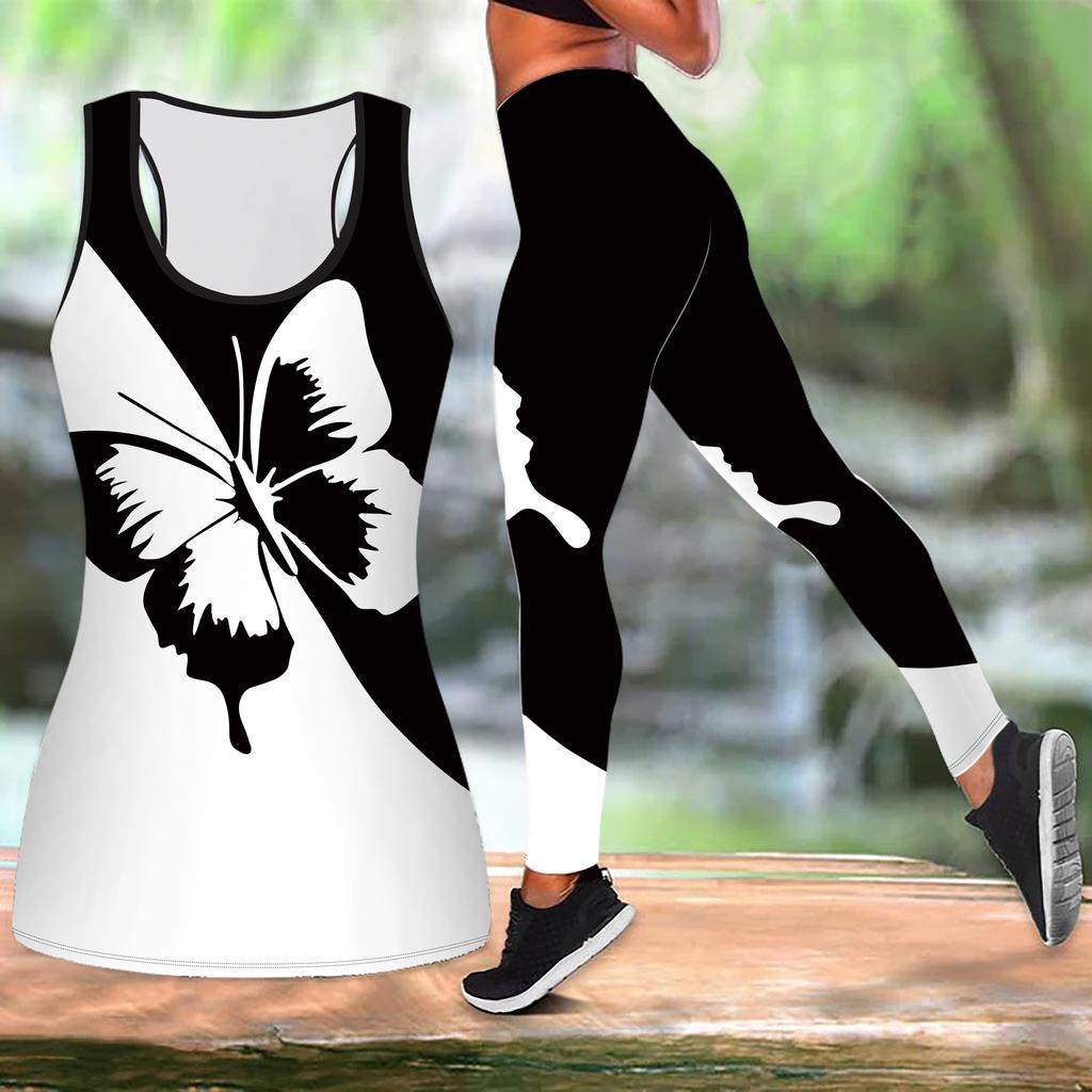 Two Tone Butterfly Print Yoga Outfit for Women Fashion Workout Leggings Fitness Sports Casual Yoga Set Sports Suit