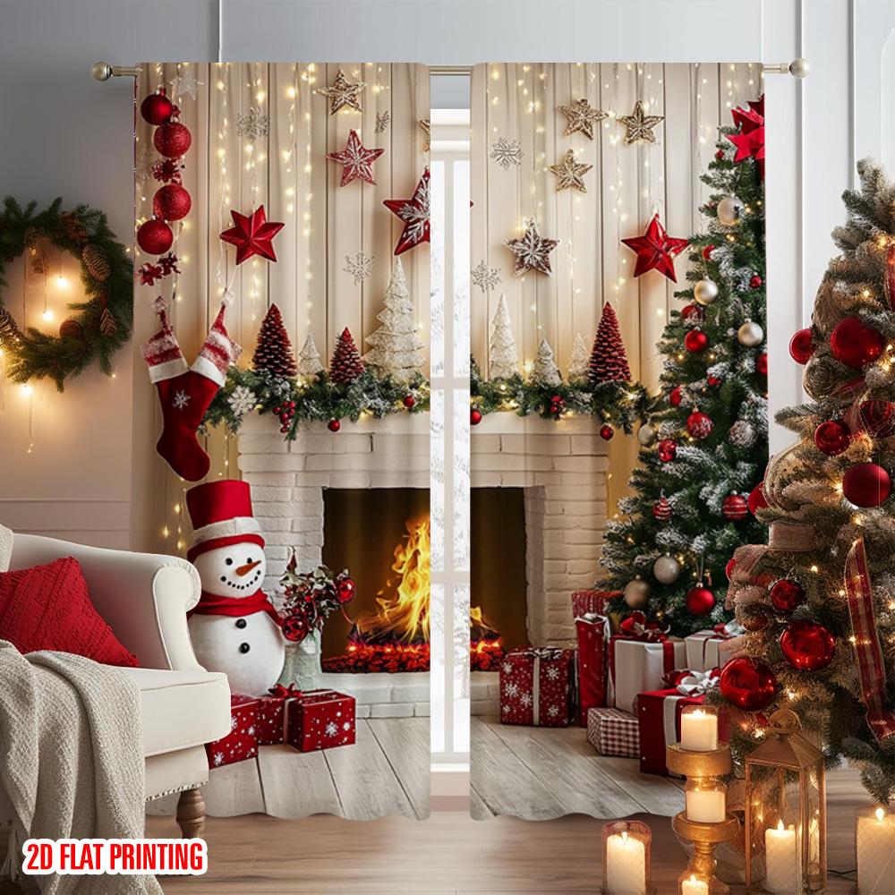 2 szt. płaskie drukowanie 2D Zasłony okienne świąteczne Bałwan kominek Poliester Można prać w pralce Bez elektryczności Świąteczny