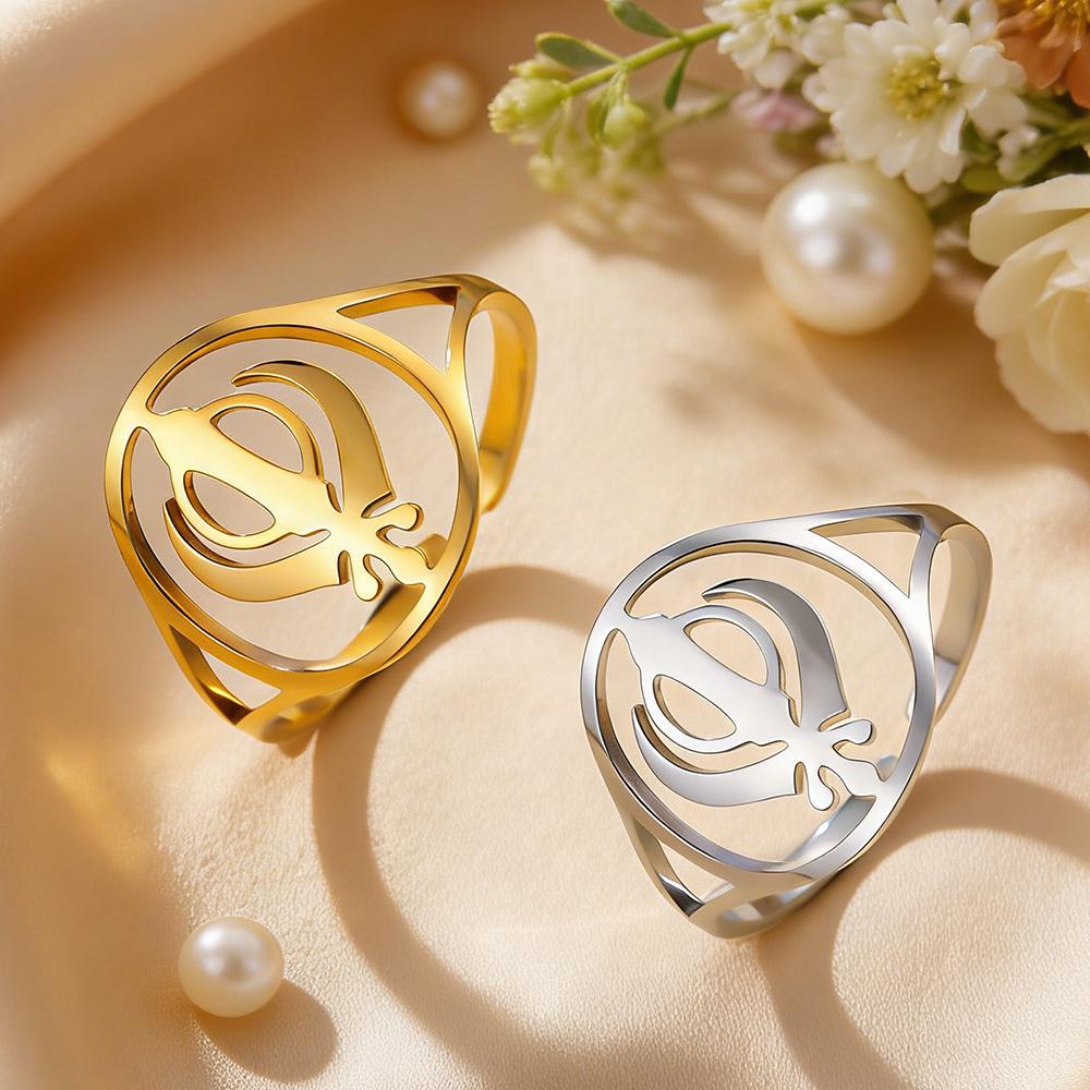 Dawapara Sikh Khanda Ring Adjustable Women Ring Religious Sikhism Jewelry Protection Amulet Stainless Steel Wedding Band