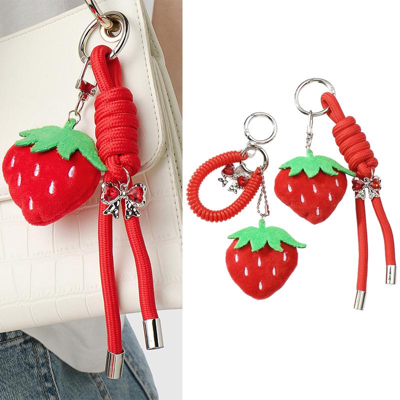 Korean Simulation Plush Strawberry Keychain Little Fresh Sweet Red Bow Keyring Pendant Bag Ornament Car Key Holder For Girl Gift