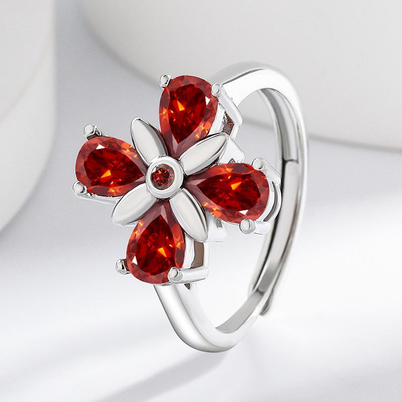 925 Sterling Silver Delicate Four Leaf Clover Cubic Zircon Ring Adjustable Open Statement Ring for Women Korean Style Daily Jewelry