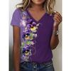 Summer V-neck 3D Flower Printed Top Fashionable Casual Short Sleeved Women's T-shirts