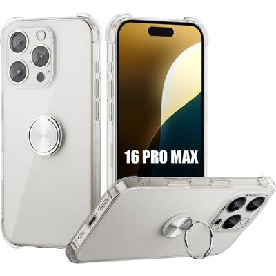 Clear Silicone Case for iPhone 16 Pro Max, with Silver Rotating Ring Stand
