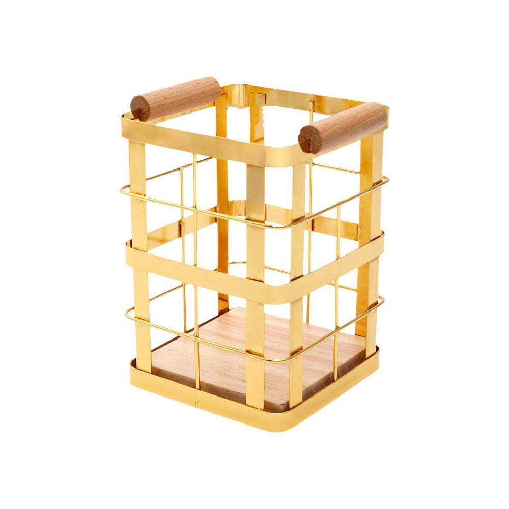 Square Iron Kitchen Storage Basket Wooden Base Hollow Chopstick Spoon Storage Box Anti-slip Decorative Dinnerware Storage Tube