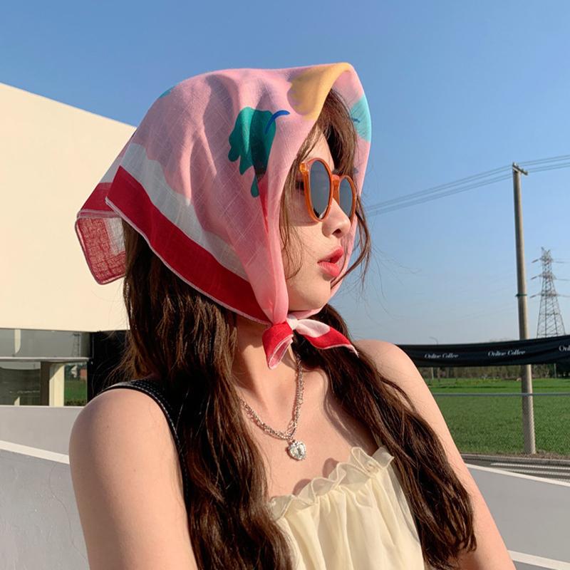 Women Flower Printed Headscarf Sun Protection French Pastoral Style Boho Lightweight Travel Picnic Outdoor Girls Scarf