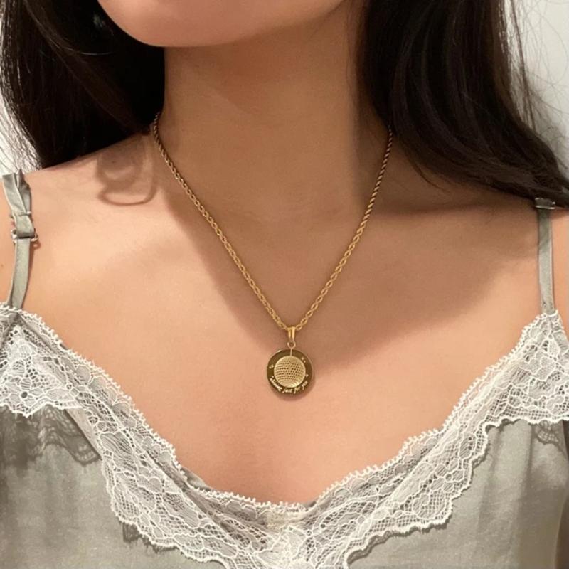 Metal Thick Twists Rope Chain Necklace Simple Clavicle Chain Engraved Light Ball Pendant Necklace Fashion Party Jewelry