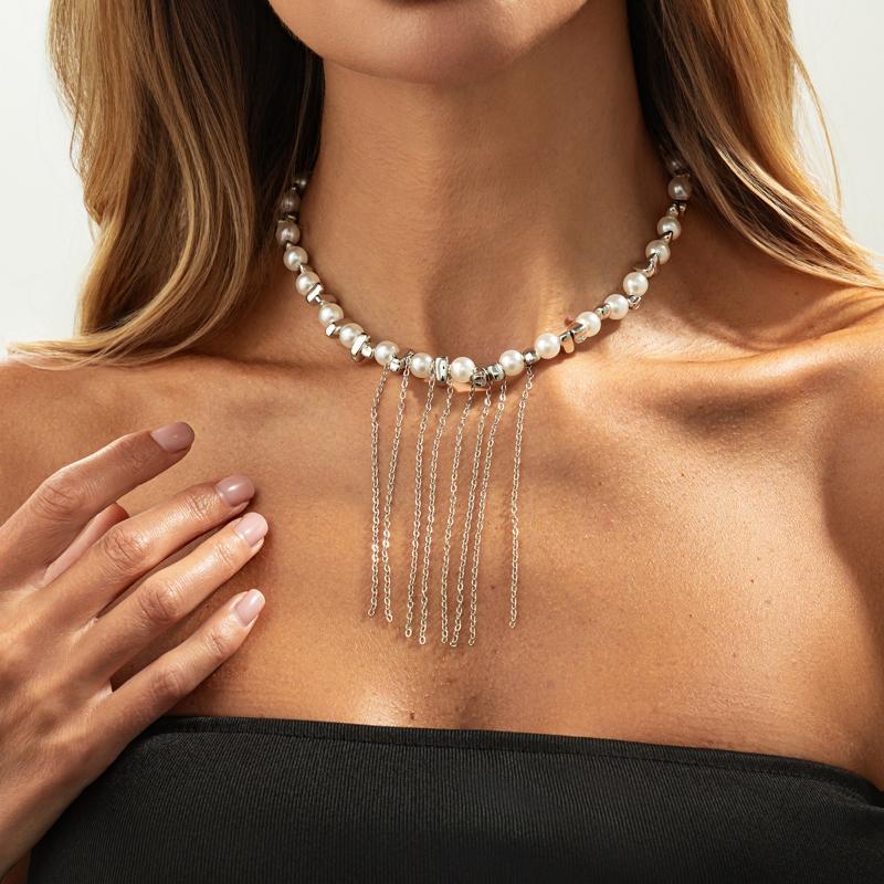 Trendy Pentagram Star Heart-Shaped Tassel Pendant Necklace Creative Multi Layer Imitation Pearl Choker