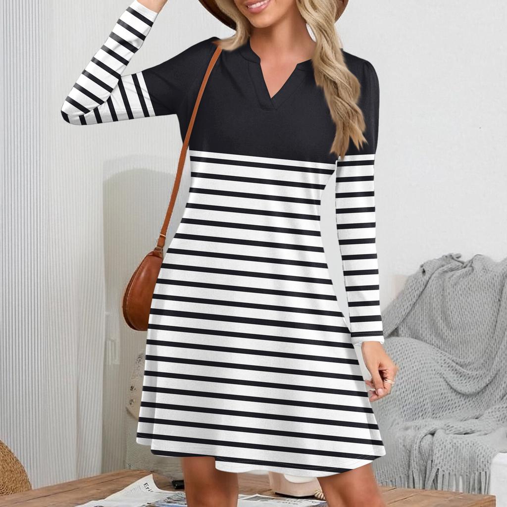 Women's Fashion Striped V-Neck Long Sleeve  Dress